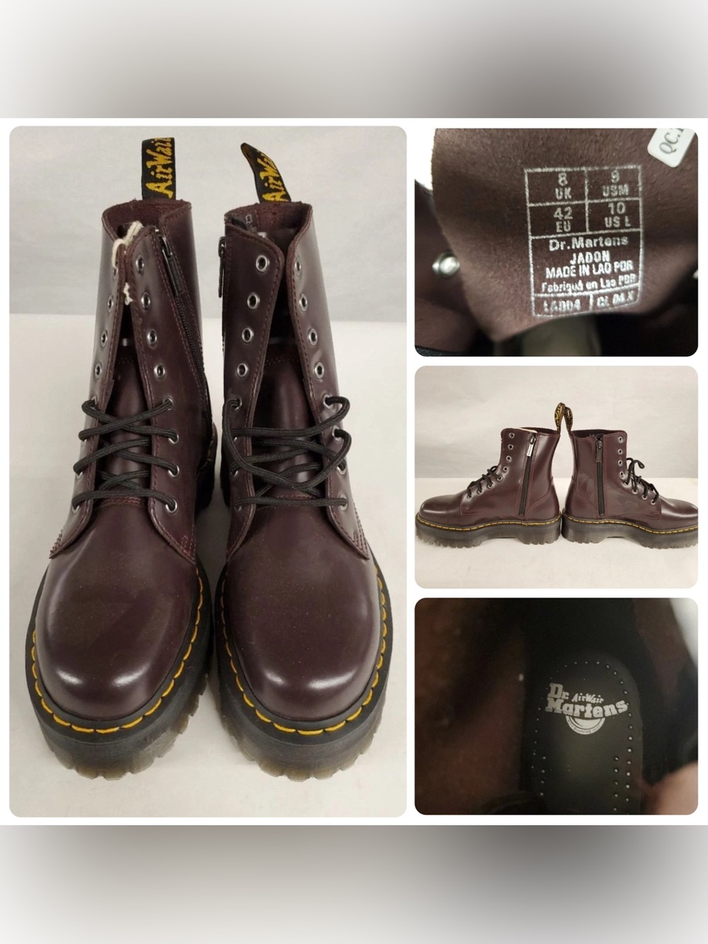 NWOB Dr. Martens Jadon Burgundy Leather Quad Platform Boots NWT Size US M 9 W 10